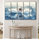 Beautiful Couple Swans in Love, Mixed 5 Panel B Canvas Print Wall Art Decor, Extra Large Painting Canvas