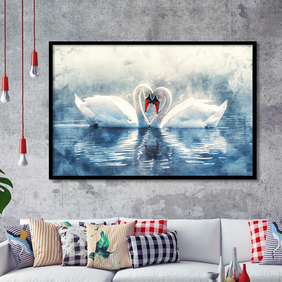 Beautiful Couple Swans in Love, Framed Art Print Wall Decor, Picture Framed Painting Art