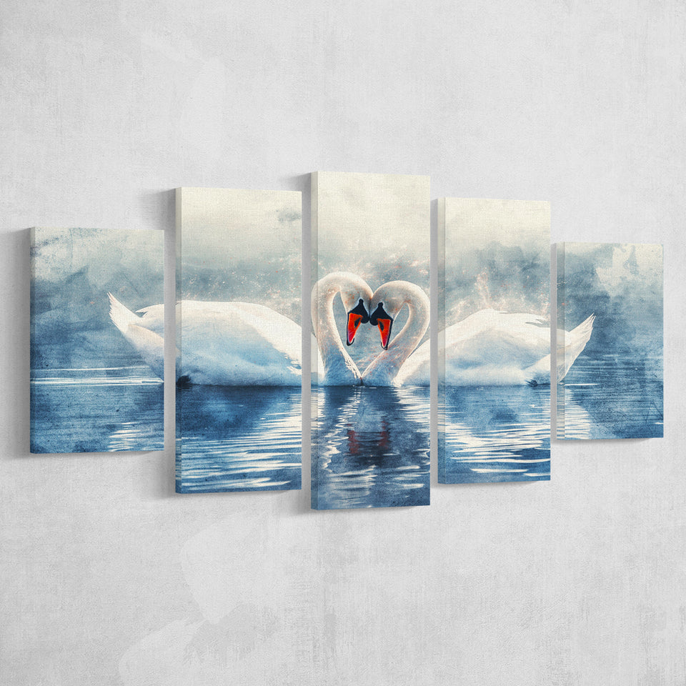 Beautiful Couple Swans in Love, Mixed 5 Panel Canvas Print Wall Art Home Decor, Large Canvas Painting