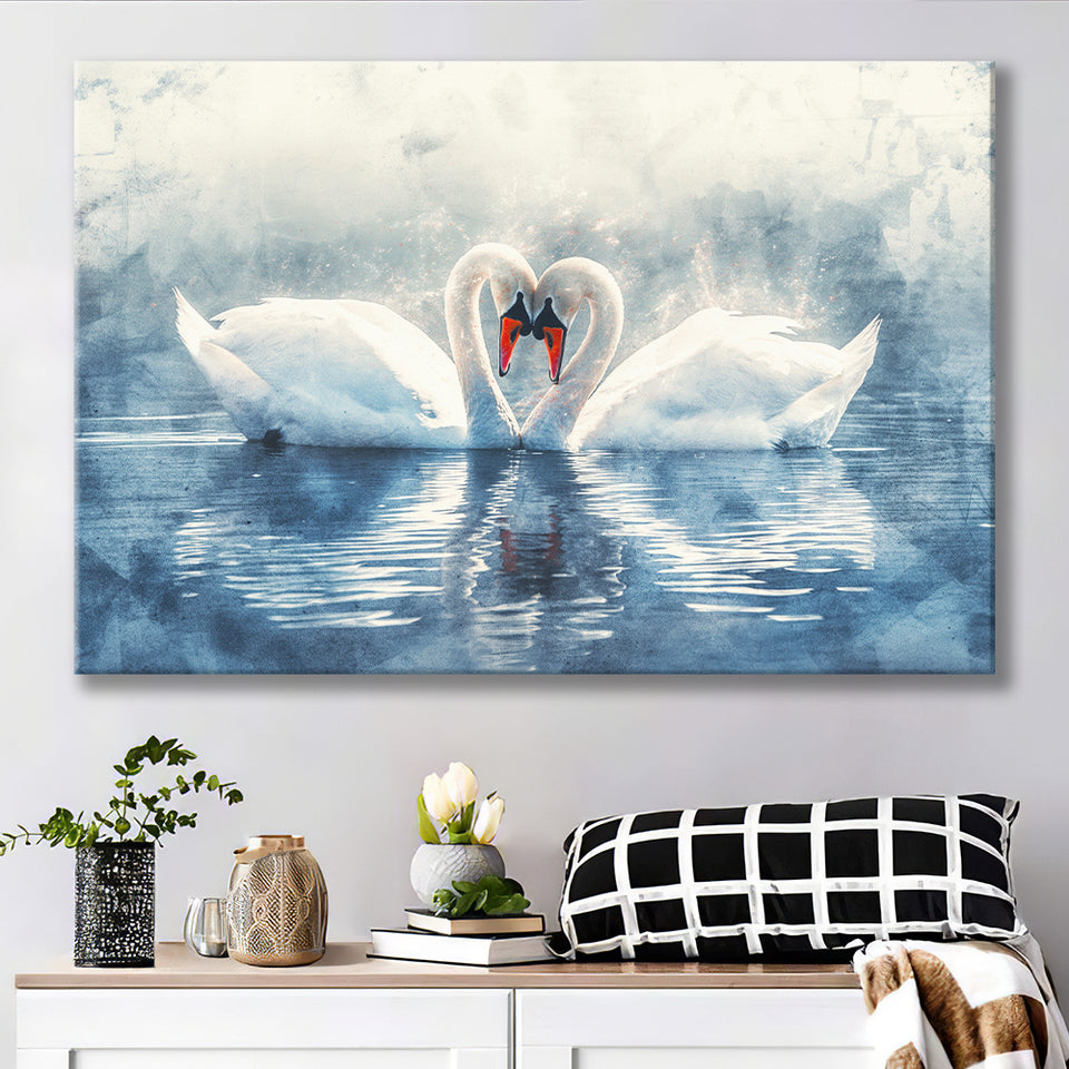 Beautiful Couple Swans in Love, Canvas Print Wall Art Home Decor, Painting Canvas Art Print