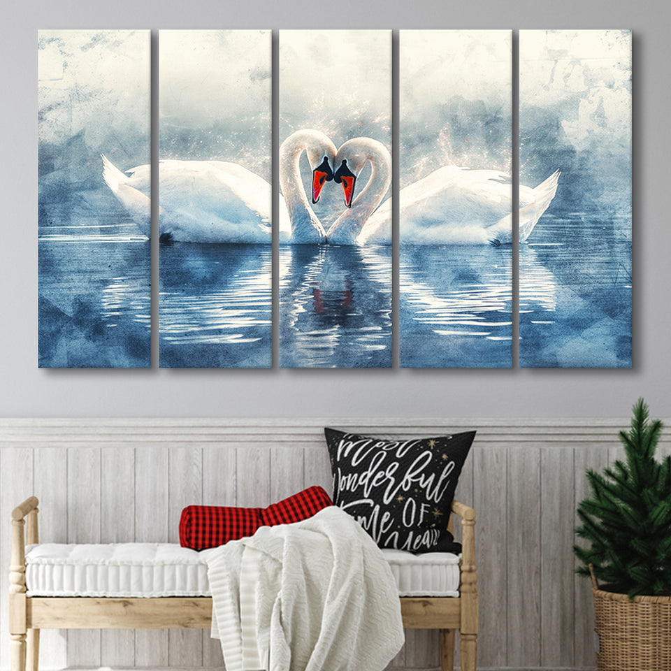 Beautiful Couple Swans in Love, Mixed 5 Panel B Canvas Print Wall Art Decor, Extra Large Painting Canvas