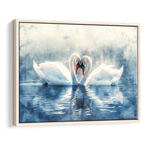 Beautiful Couple Swans in Love, Framed Canvas Print Wall Art Decor, Floating Frame Painting Canvas