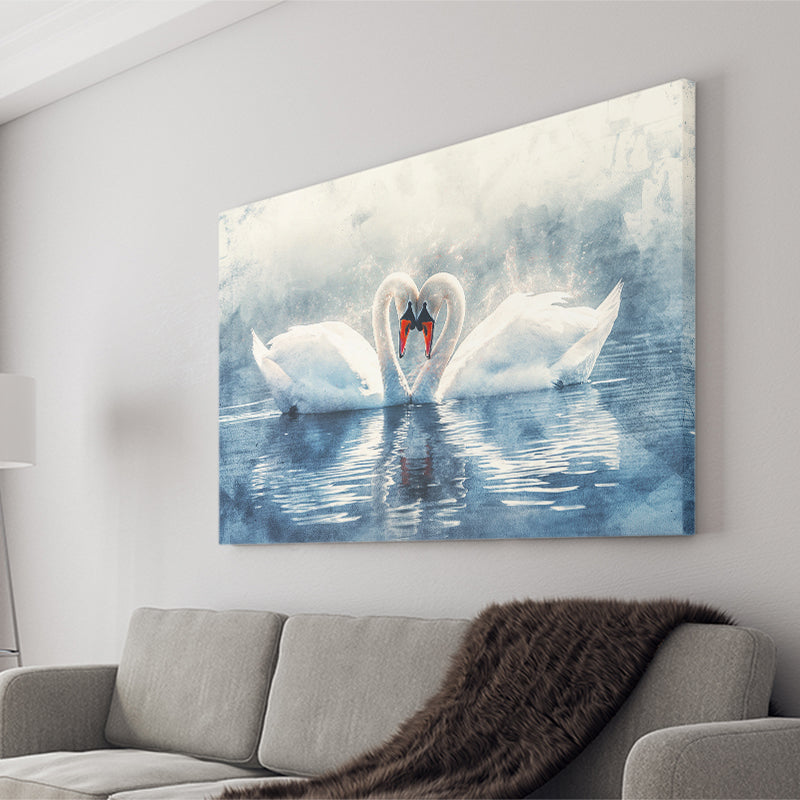 Beautiful Couple Swans in Love, Canvas Print Wall Art Home Decor, Painting Canvas Art Print