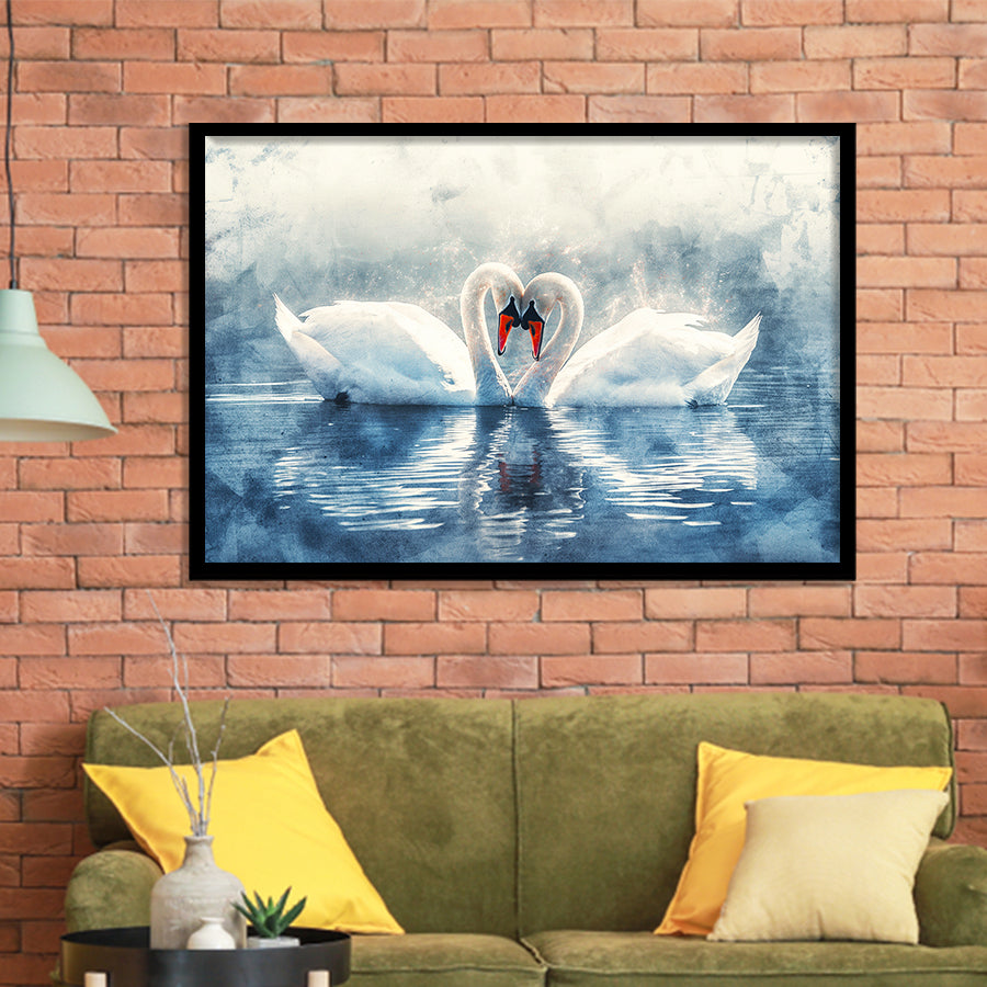 Beautiful Couple Swans in Love, Framed Art Print Wall Decor, Picture Framed Painting Art