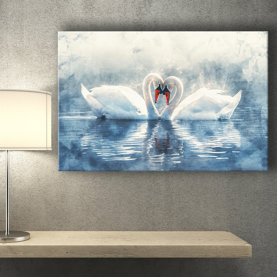Beautiful Couple Swans in Love, Canvas Print Wall Art Home Decor, Painting Canvas Art Print