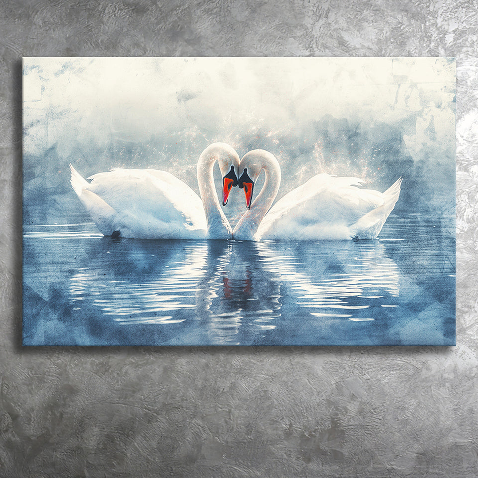 Beautiful Couple Swans in Love, Canvas Print Wall Art Home Decor, Painting Canvas Art Print