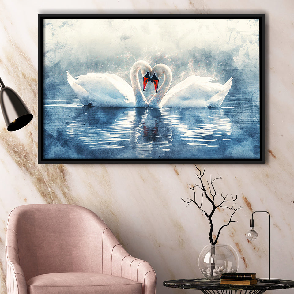 Beautiful Couple Swans in Love, Framed Canvas Print Wall Art Decor, Floating Frame Painting Canvas