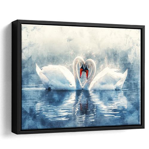 Beautiful Couple Swans in Love, Framed Canvas Print Wall Art Decor, Floating Frame Painting Canvas