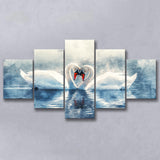 Beautiful Couple Swans in Love, Mixed 5 Panel Canvas Print Wall Art Home Decor, Large Canvas Painting