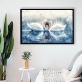 Beautiful Couple Swans in Love, Framed Canvas Print Wall Art Decor, Floating Frame Painting Canvas