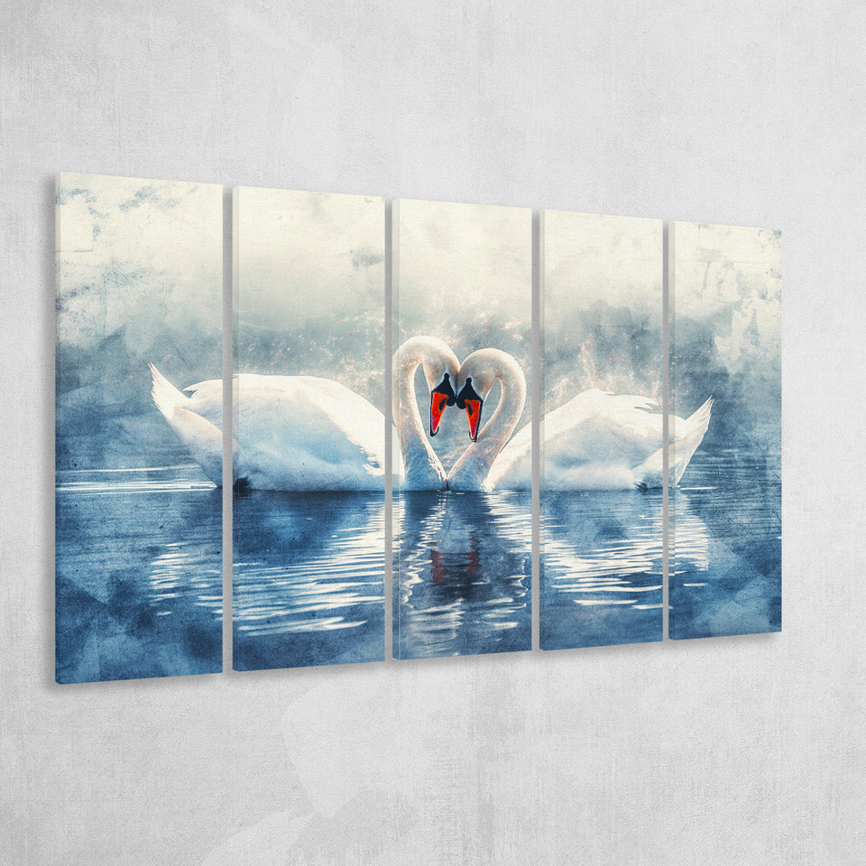 Beautiful Couple Swans in Love, Mixed 5 Panel B Canvas Print Wall Art Decor, Extra Large Painting Canvas
