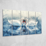 Beautiful Couple Swans in Love, Mixed 5 Panel B Canvas Print Wall Art Decor, Extra Large Painting Canvas