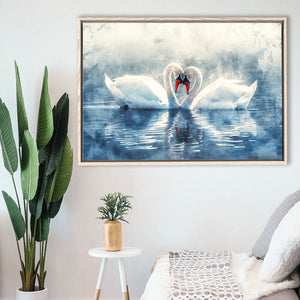 Beautiful Couple Swans in Love, Framed Canvas Print Wall Art Decor, Floating Frame Painting Canvas