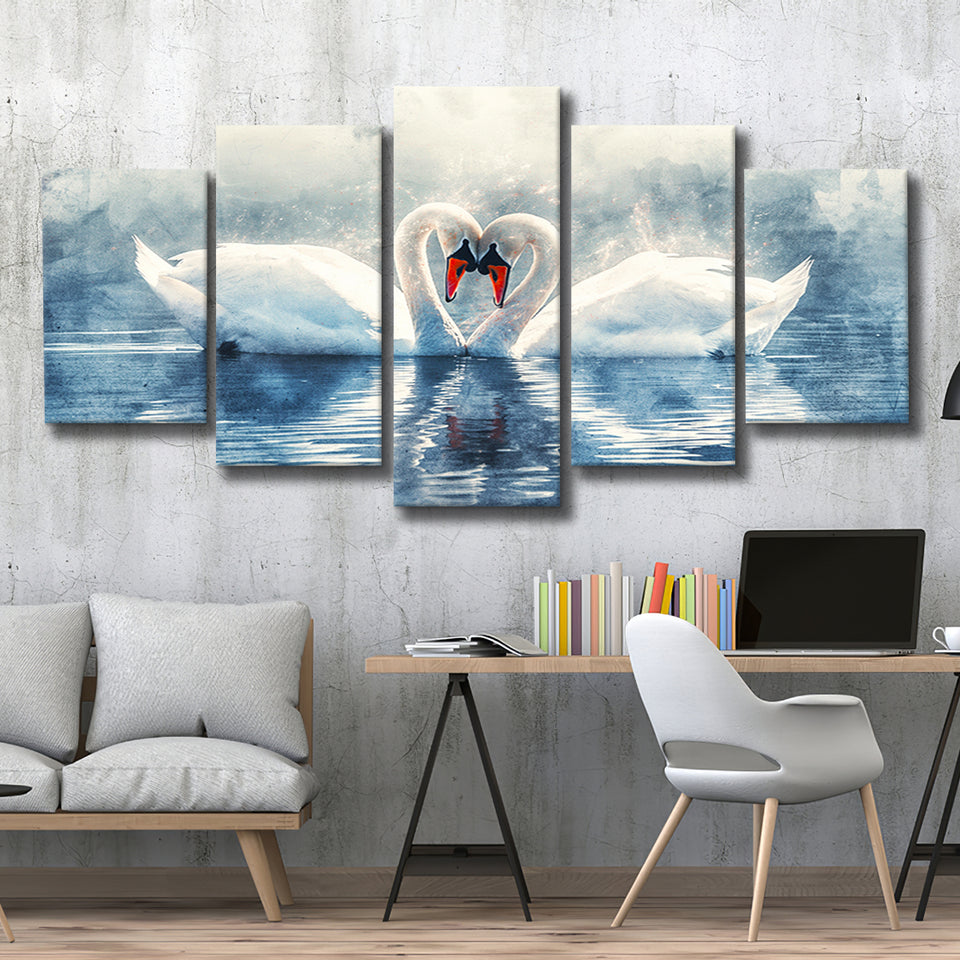 Beautiful Couple Swans in Love, Mixed 5 Panel Canvas Print Wall Art Home Decor, Large Canvas Painting
