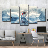 Beautiful Couple Swans in Love, Mixed 5 Panel Canvas Print Wall Art Home Decor, Large Canvas Painting
