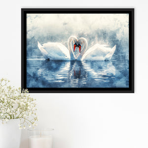 Beautiful Couple Swans in Love, Framed Canvas Print Wall Art Decor, Floating Frame Painting Canvas