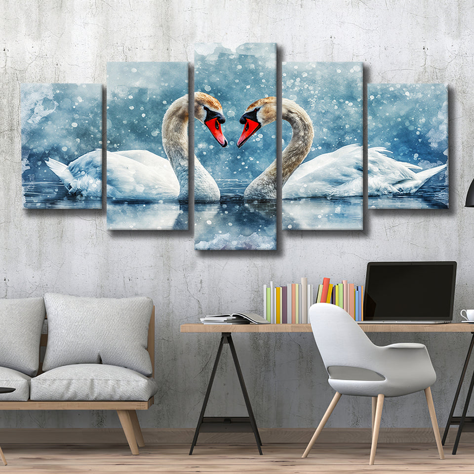 Beautiful Painting Couple  Swans in Love, Mixed 5 Panel Canvas Print Wall Art Home Decor, Large Canvas Painting