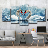 Beautiful Painting Couple  Swans in Love, Mixed 5 Panel Canvas Print Wall Art Home Decor, Large Canvas Painting