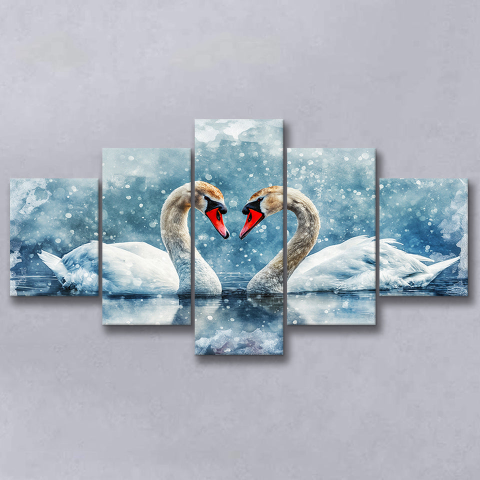Beautiful Painting Couple  Swans in Love, Mixed 5 Panel Canvas Print Wall Art Home Decor, Large Canvas Painting