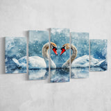 Beautiful Painting Couple  Swans in Love, Mixed 5 Panel Canvas Print Wall Art Home Decor, Large Canvas Painting