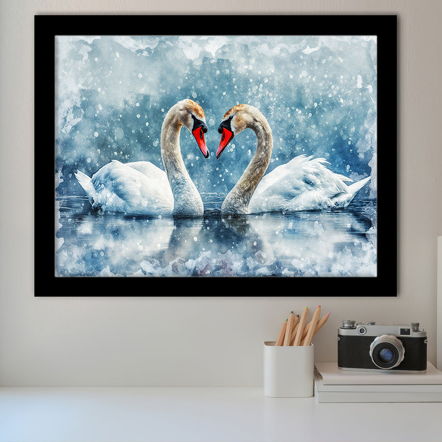 Beautiful Painting Couple  Swans in Love, Framed Art Print Wall Decor, Picture Framed Painting Art