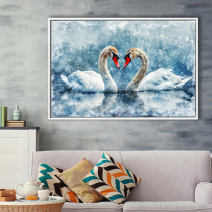 Beautiful Painting Couple  Swans in Love, Framed Canvas Print Wall Art Decor, Floating Frame Painting Canvas