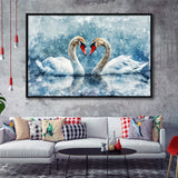 Beautiful Painting Couple  Swans in Love, Framed Canvas Print Wall Art Decor, Floating Frame Painting Canvas