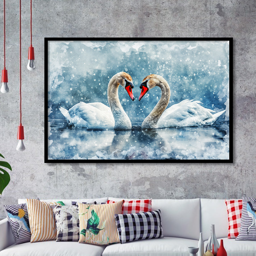 Beautiful Painting Couple  Swans in Love, Framed Art Print Wall Decor, Picture Framed Painting Art