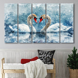 Beautiful Painting Couple  Swans in Love, Mixed 5 Panel B Canvas Print Wall Art Decor, Extra Large Painting Canvas