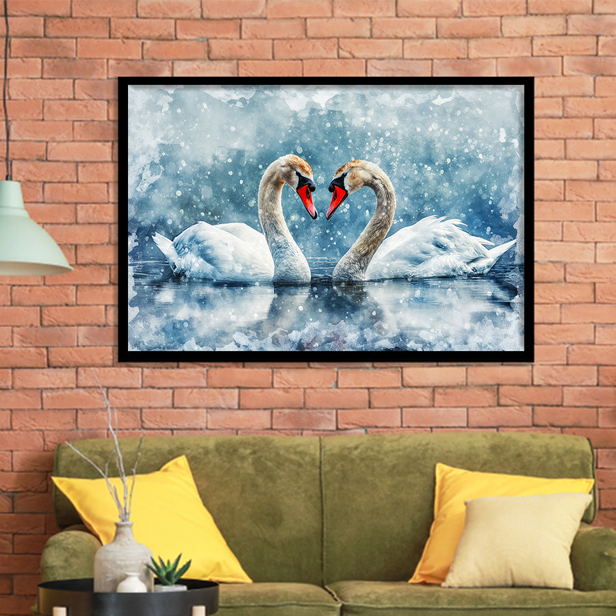 Beautiful Painting Couple  Swans in Love, Framed Art Print Wall Decor, Picture Framed Painting Art