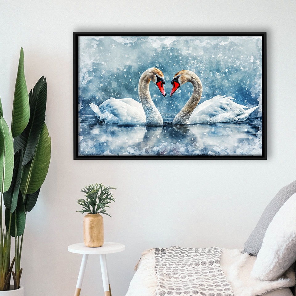 Beautiful Painting Couple  Swans in Love, Framed Canvas Print Wall Art Decor, Floating Frame Painting Canvas