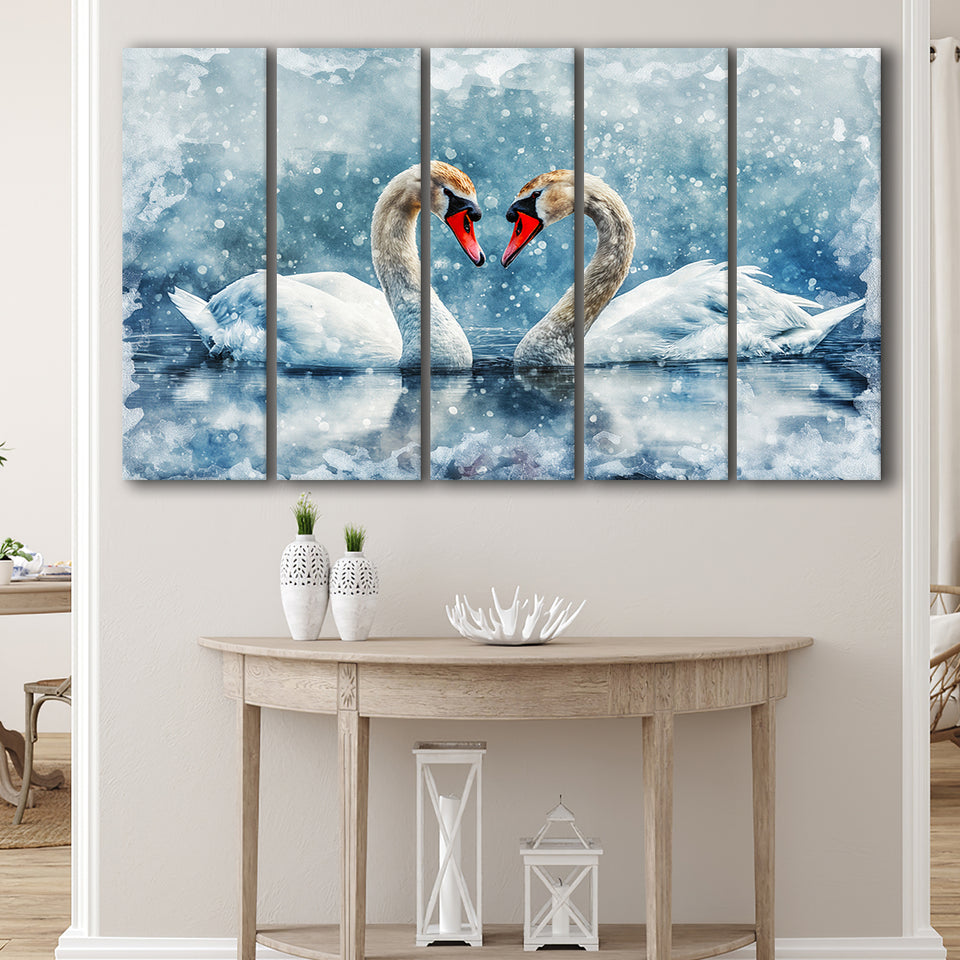 Beautiful Painting Couple  Swans in Love, Mixed 5 Panel B Canvas Print Wall Art Decor, Extra Large Painting Canvas