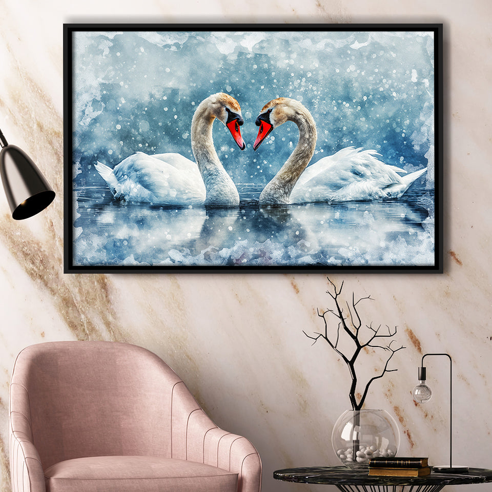 Beautiful Painting Couple  Swans in Love, Framed Canvas Print Wall Art Decor, Floating Frame Painting Canvas