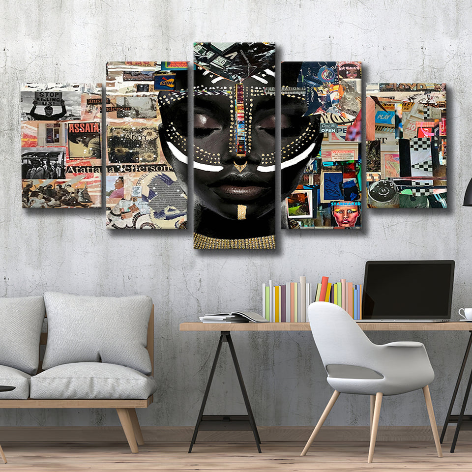 Beauty Woman African American Majestic Mixed Art, Multi Panel,Mixed Canvas Print Wall Art Decor