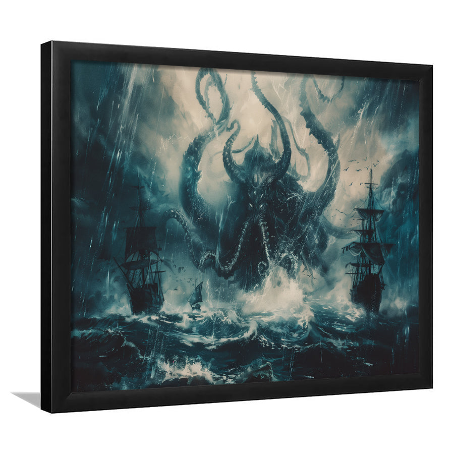 Big Cthulhu Monter Attacking The Pirate Ship Dark Blue, Framed Art Print Wall Decor, Framed Picture
