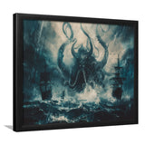 Big Cthulhu Monter Attacking The Pirate Ship Dark Blue, Framed Art Print Wall Decor, Framed Picture