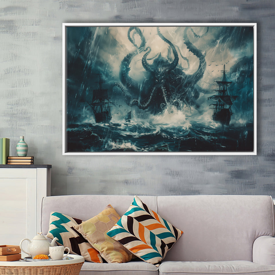 Big Cthulhu Monter Attacking The Pirate Ship Dark Blue, Framed Canvas Print Wall Art Decor,Floating Frame