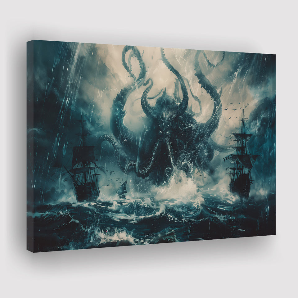 Big Cthulhu Monter Attacking The Pirate Ship Dark Blue, Canvas Print Wall Art Decor, Landscape Art Print