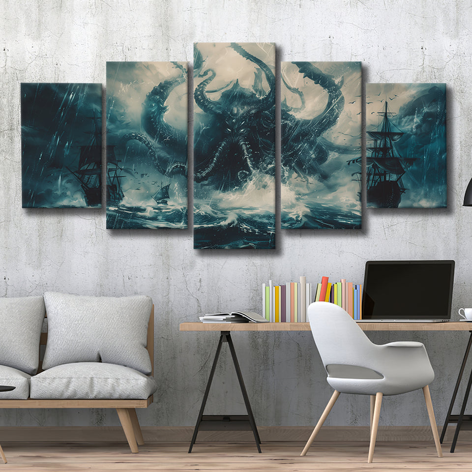 Big Cthulhu Monter Attacking The Pirate Ship Dark Blue, Multi Panel Canvas Print Wall Art Decor, 5 Mixed Panel