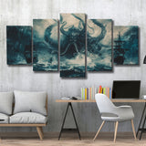 Big Cthulhu Monter Attacking The Pirate Ship Dark Blue, Multi Panel Canvas Print Wall Art Decor, 5 Mixed Panel