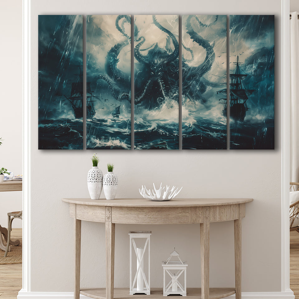Big Cthulhu Monter Attacking The Pirate Ship Dark Blue, Extra Large Multi 5 Panel Canvas Print Wall Art Decor