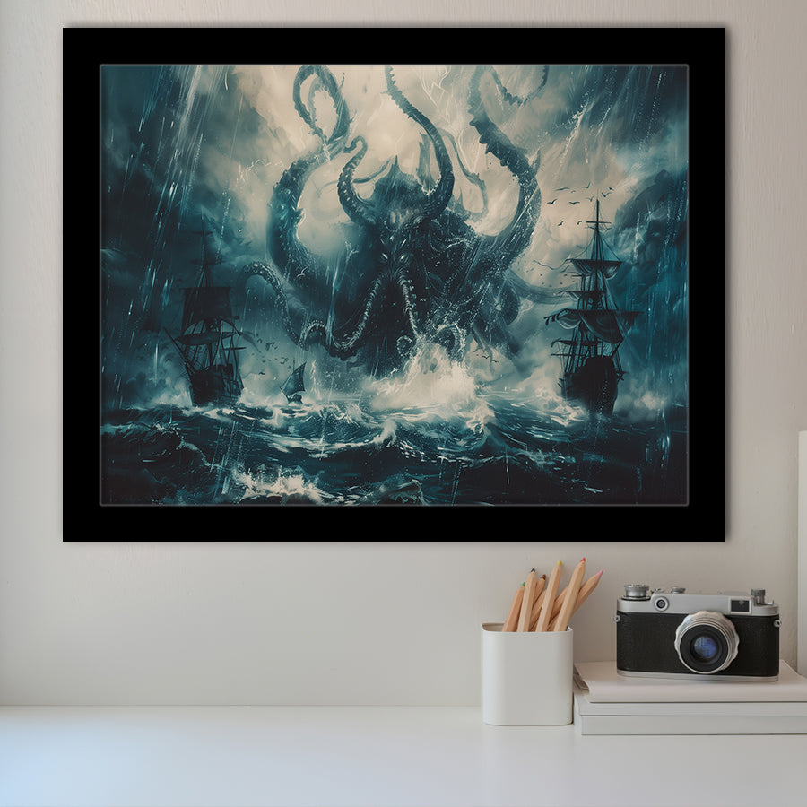 Big Cthulhu Monter Attacking The Pirate Ship Dark Blue, Framed Art Print Wall Decor, Framed Picture