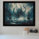 Big Cthulhu Monter Attacking The Pirate Ship Dark Blue, Framed Art Print Wall Decor, Framed Picture