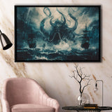 Big Cthulhu Monter Attacking The Pirate Ship Dark Blue, Framed Canvas Print Wall Art Decor,Floating Frame