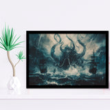 Big Cthulhu Monter Attacking The Pirate Ship Dark Blue, Framed Art Print Wall Decor, Framed Picture