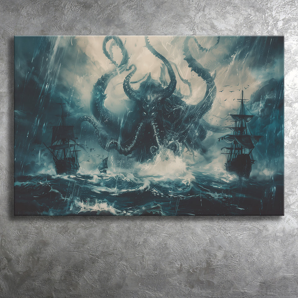 Big Cthulhu Monter Attacking The Pirate Ship Dark Blue, Canvas Print Wall Art Decor, Landscape Art Print