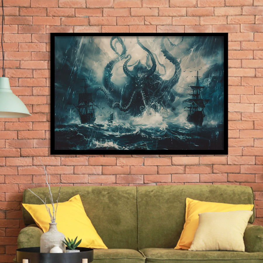 Big Cthulhu Monter Attacking The Pirate Ship Dark Blue, Framed Art Print Wall Decor, Framed Picture