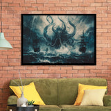 Big Cthulhu Monter Attacking The Pirate Ship Dark Blue, Framed Art Print Wall Decor, Framed Picture