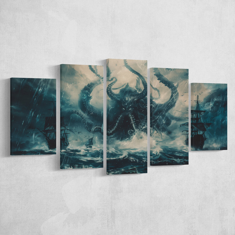 Big Cthulhu Monter Attacking The Pirate Ship Dark Blue, Multi Panel Canvas Print Wall Art Decor, 5 Mixed Panel