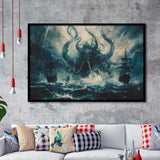 Big Cthulhu Monter Attacking The Pirate Ship Dark Blue, Framed Art Print Wall Decor, Framed Picture